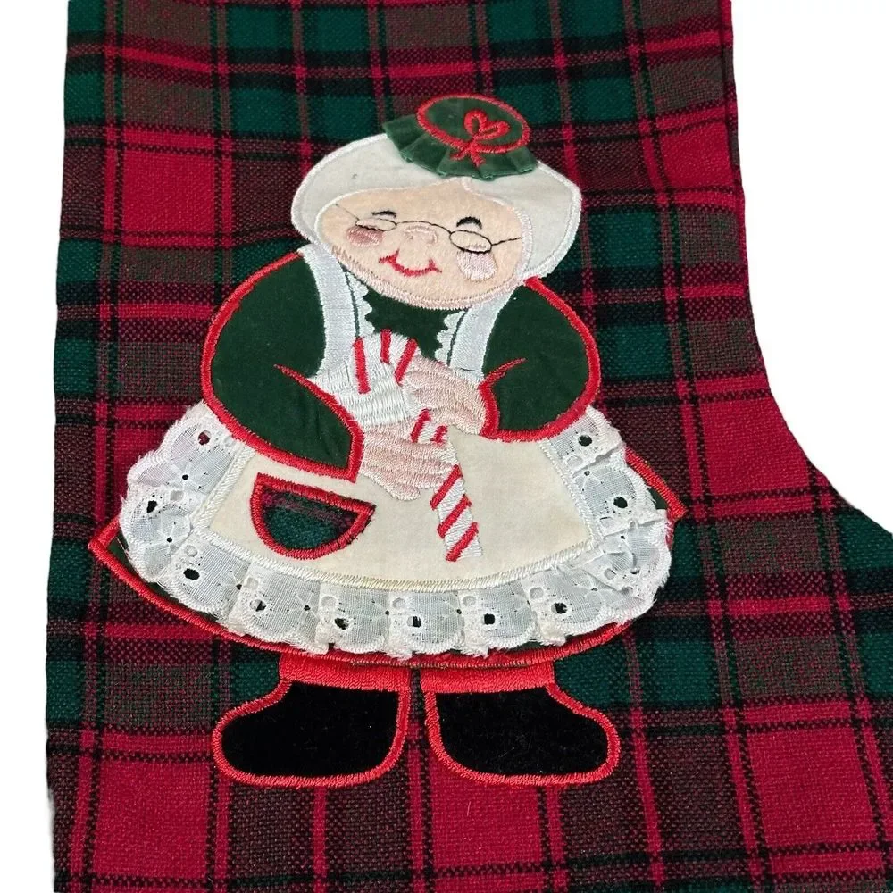 Vintage Mr and Mrs Claus Applique‎ Christmas red and green plaid Stocking